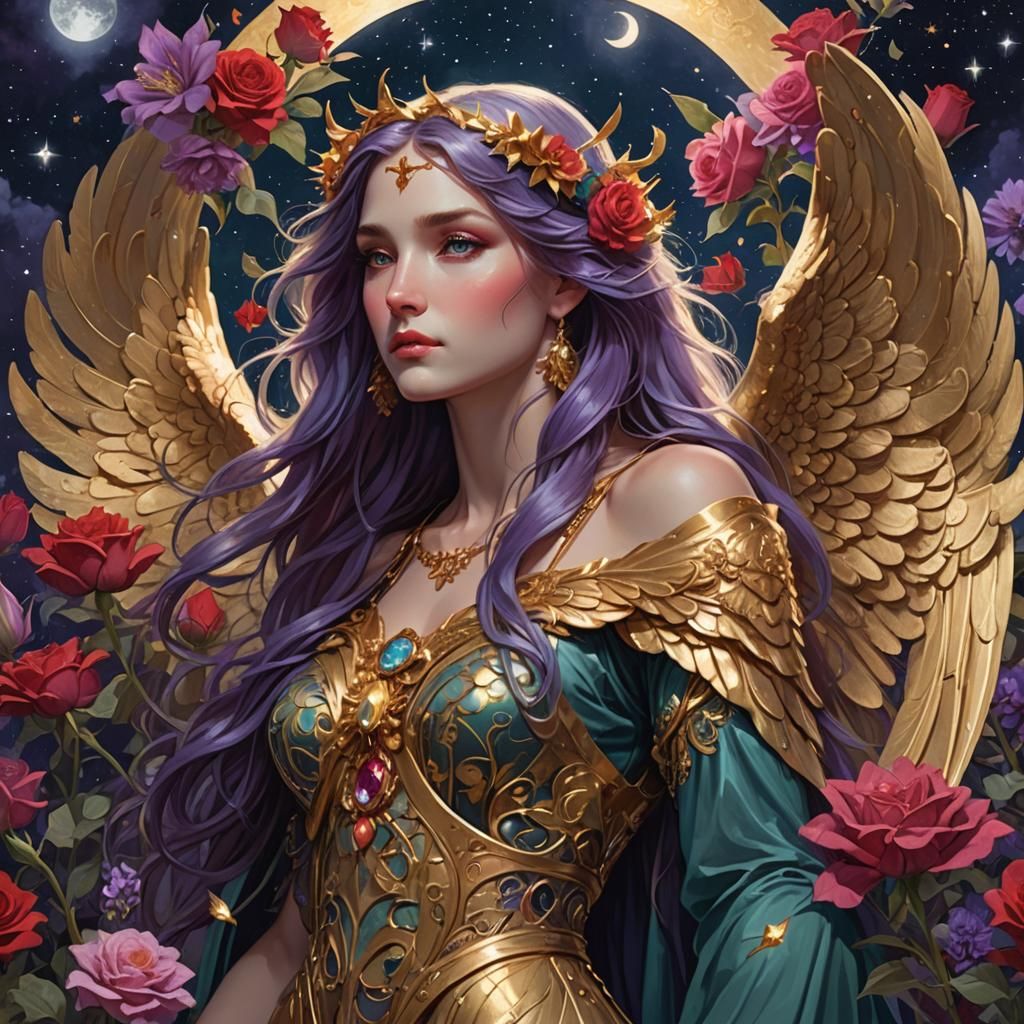 Angelic Portrait in Moonlit Garden, Digital Art