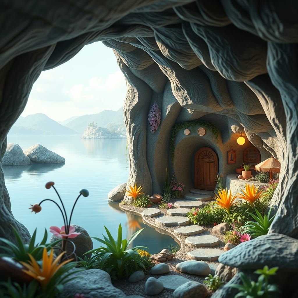 Enchanting Cave Scene with Vibrant Fungi and Plants in a Sof...