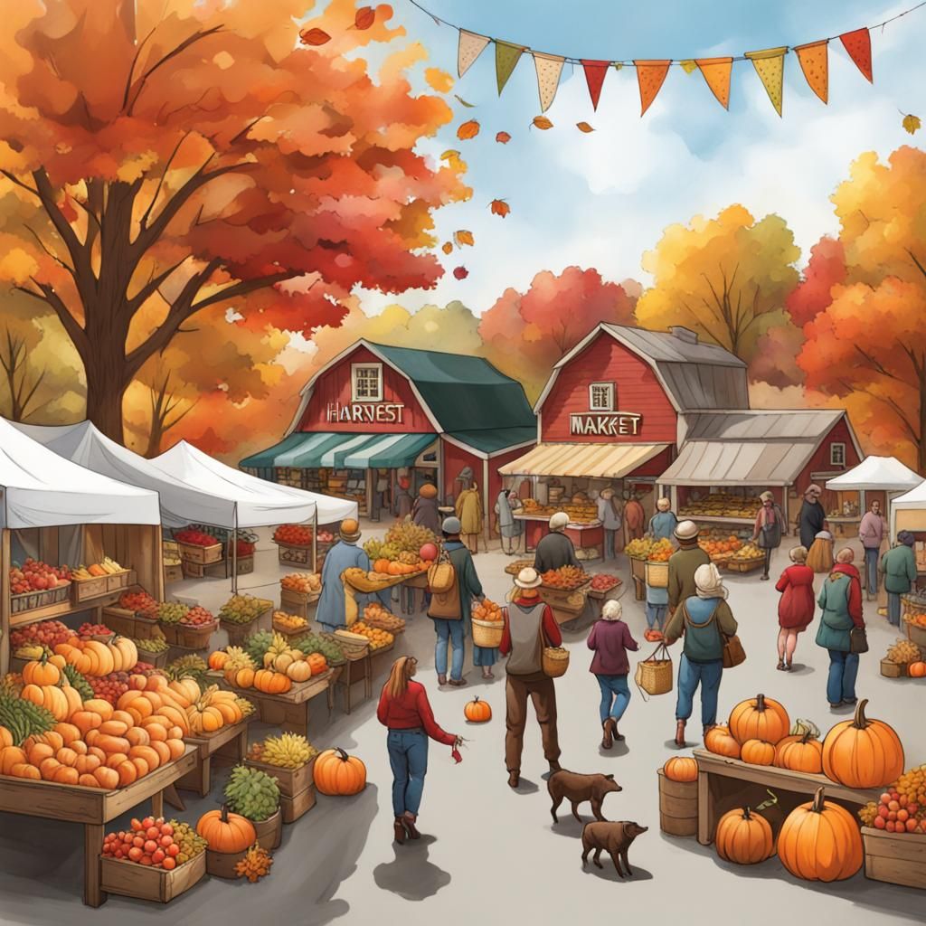 Cozy Autumn Village Harvest Market Scene