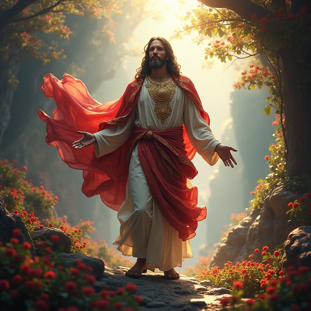 Regal Jesus Christ Commands Love in Dreamlike Landscape