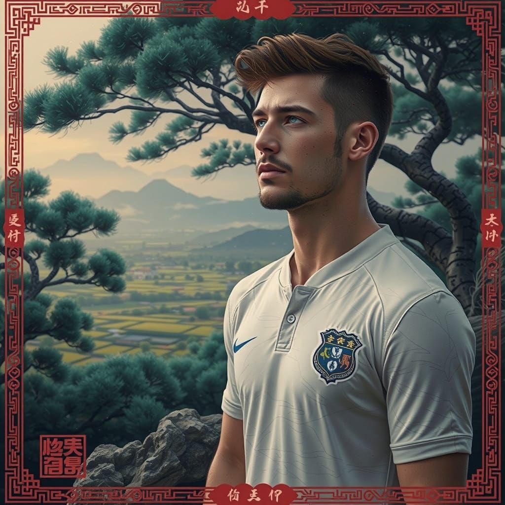 Sensual Irish Hero Stands in Coral Tree Grove with Nostalgia