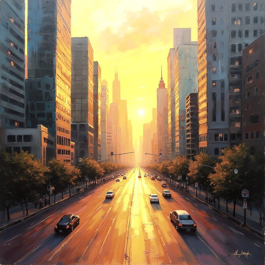 Vibrant Oil Painting of a Modern City at Sunset
