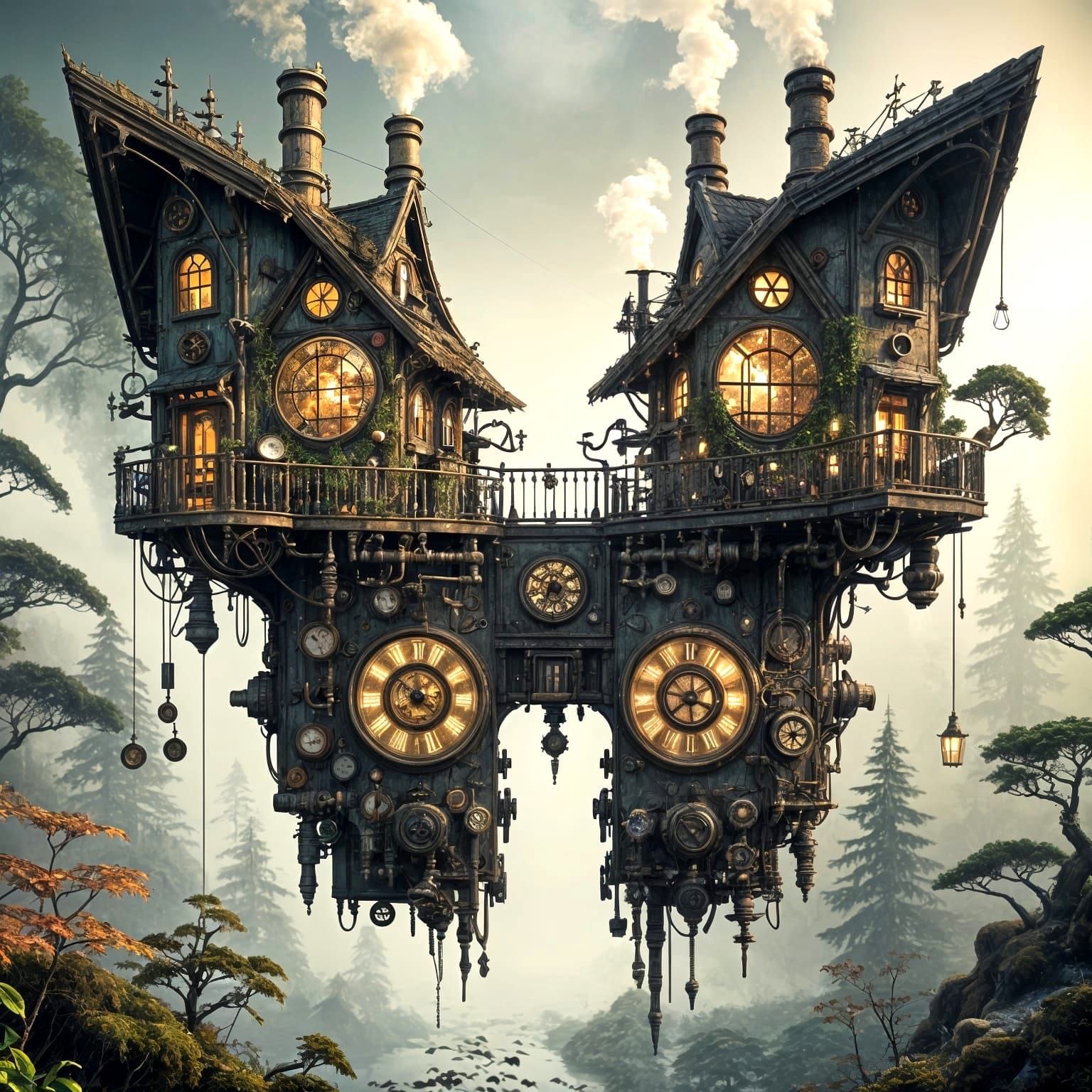 Steampunk Victorian Cottage with Mechanical Forest Elements
