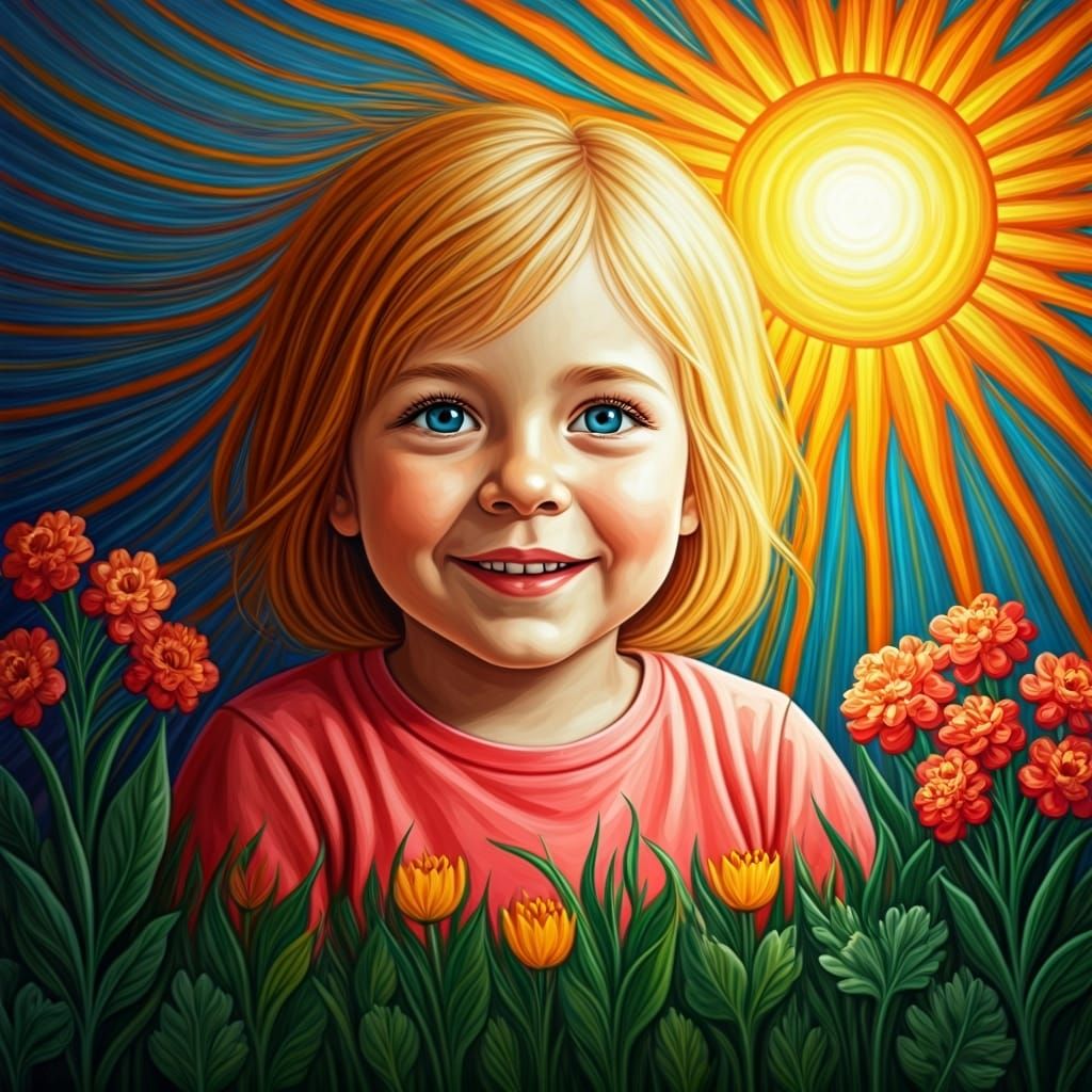 Child with Sunflowers in Naive Art Style