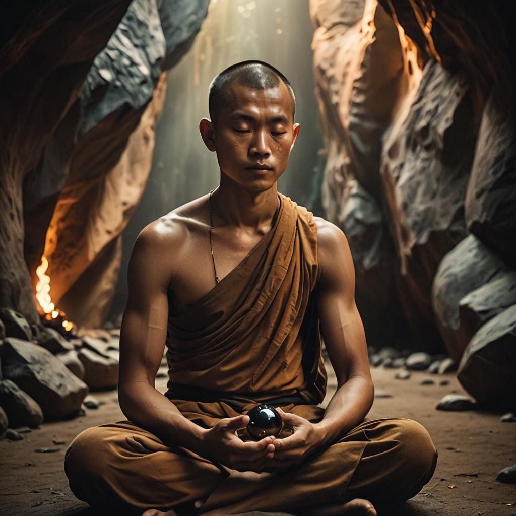 Monk Meditating with Glowing Jewel: Cinematic Film Still