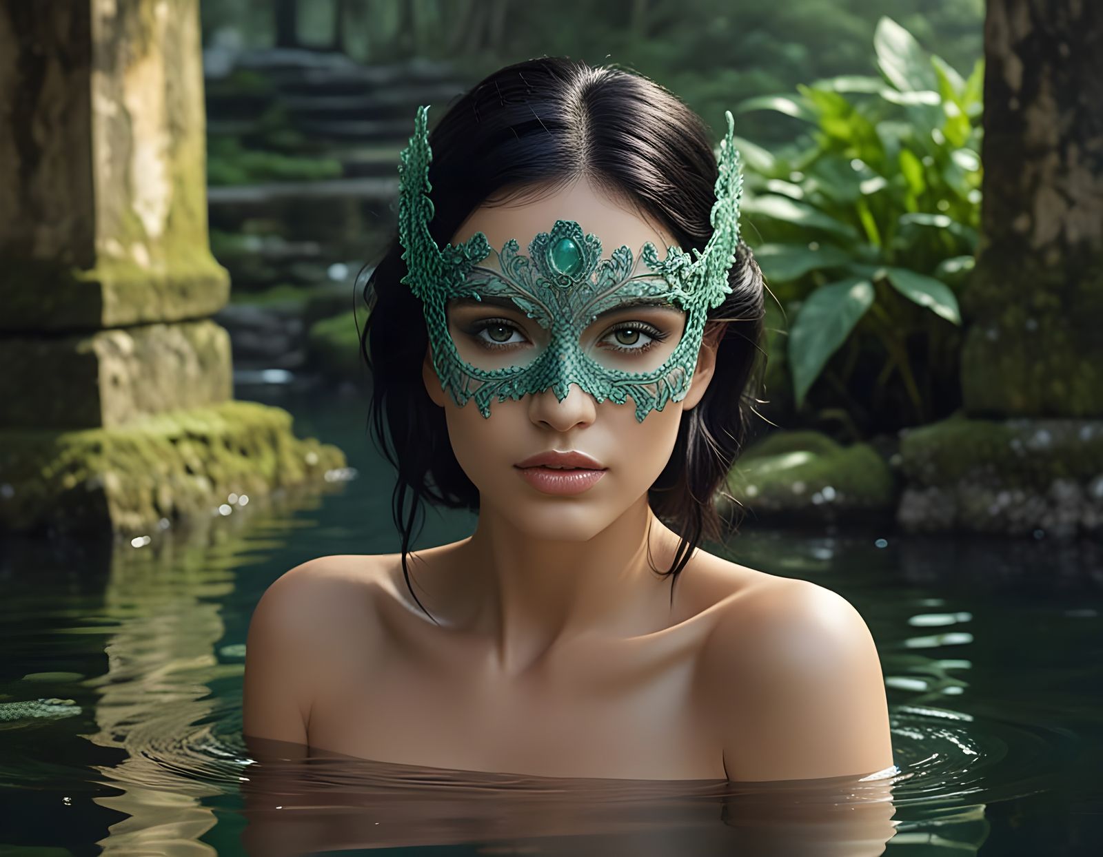 Sultry Goddess Emerges from Mystical Ruins in Jade Green Ele...