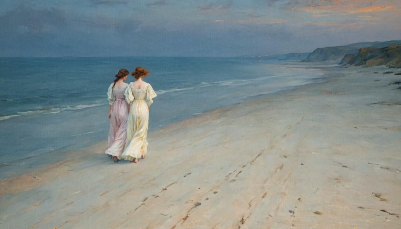 Pre-Raphaelite Women Strolling on Beach at Sunset