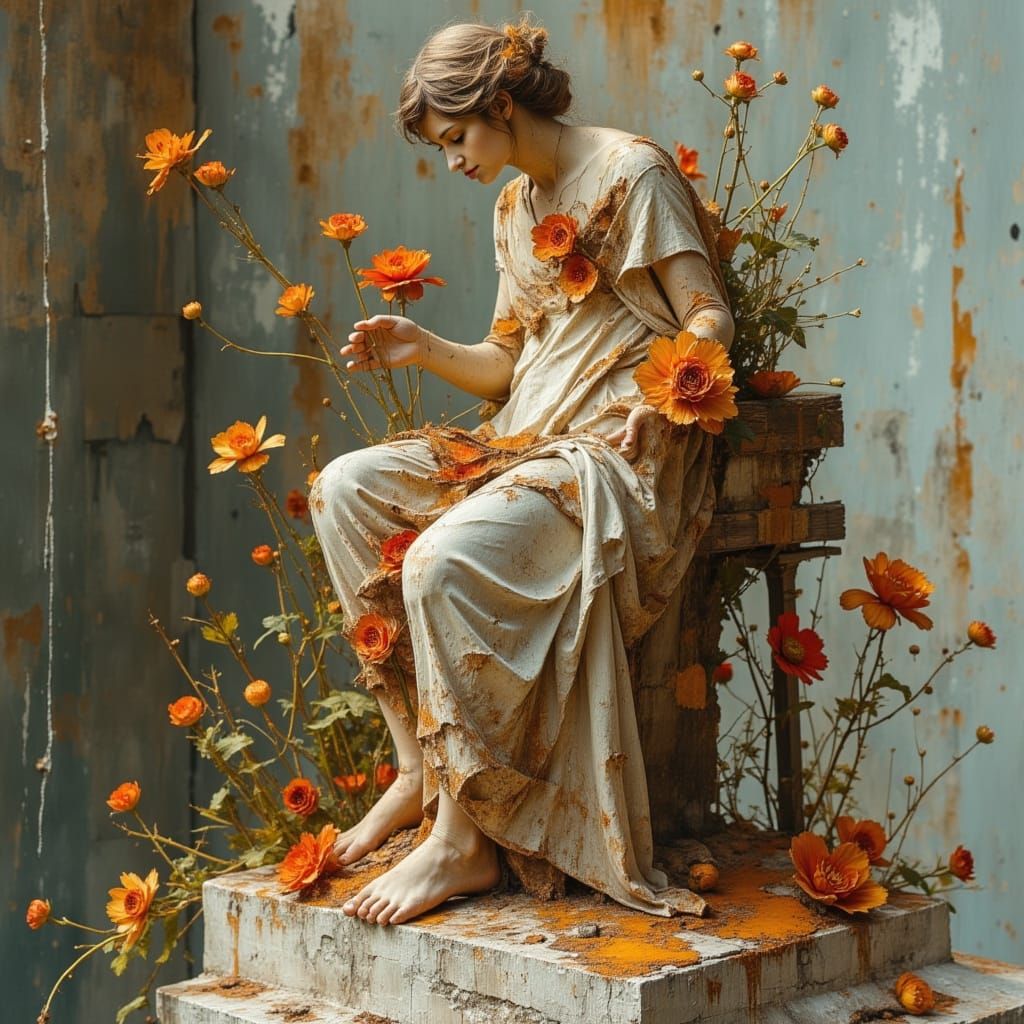 Decorated Wooden Female Statue in Dark Oil Paint Style