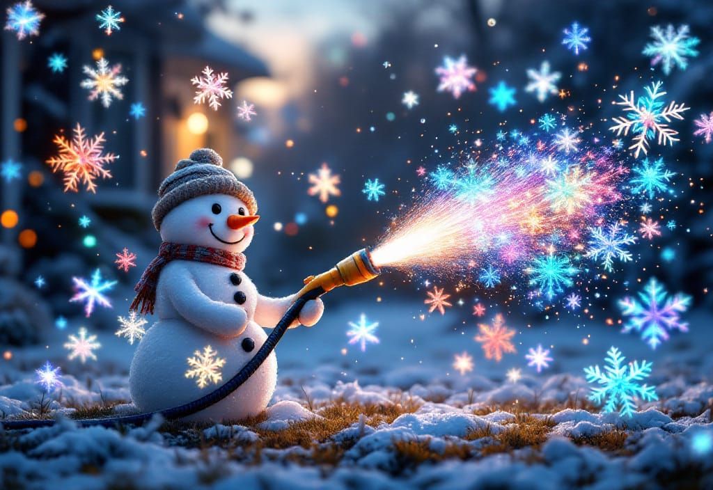 Snowman Sprays Iridescent Snowflakes on Suburban Lawn