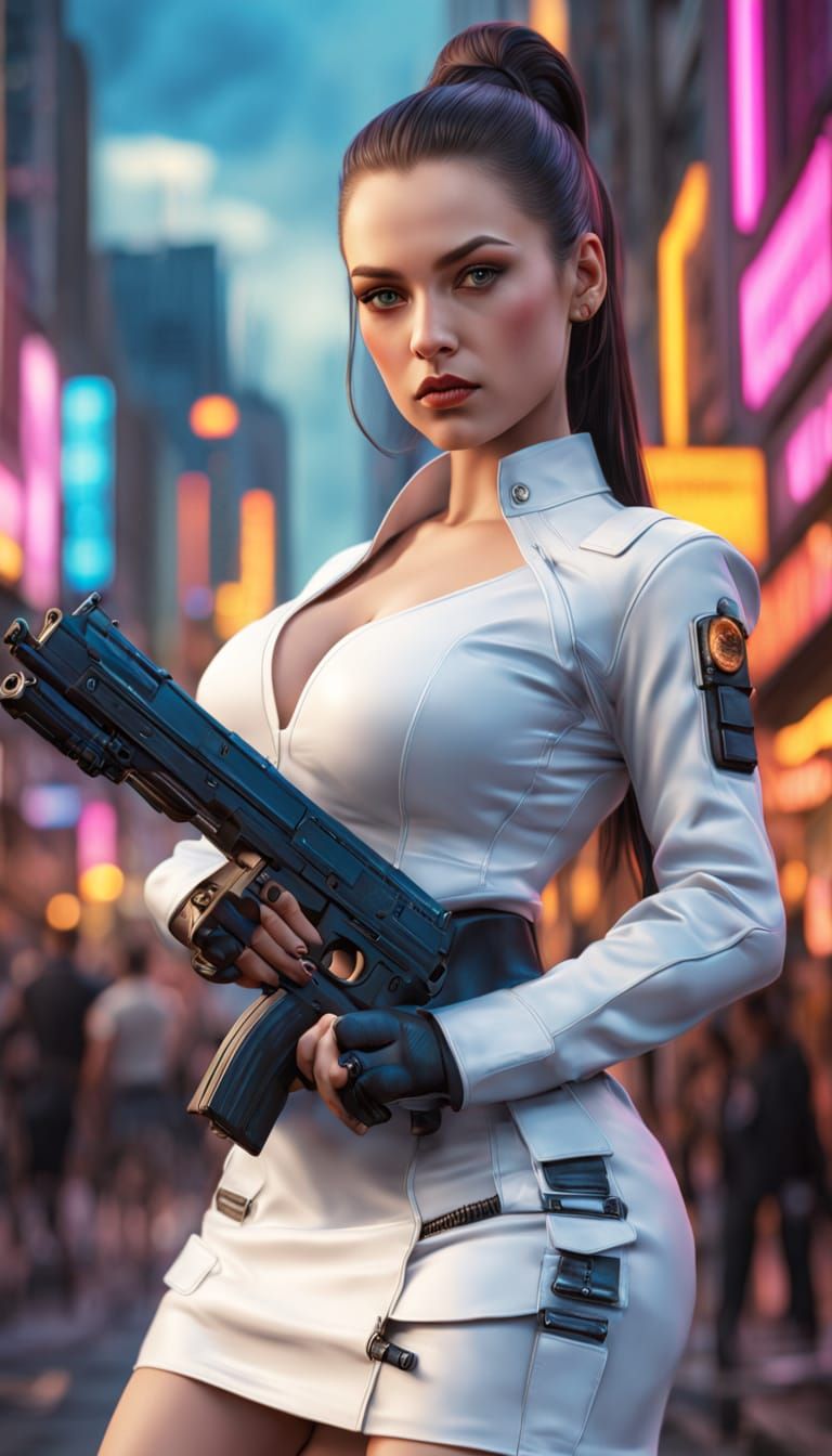Cyberpunk Woman with Laser Blaster in Hyperrealistic Style