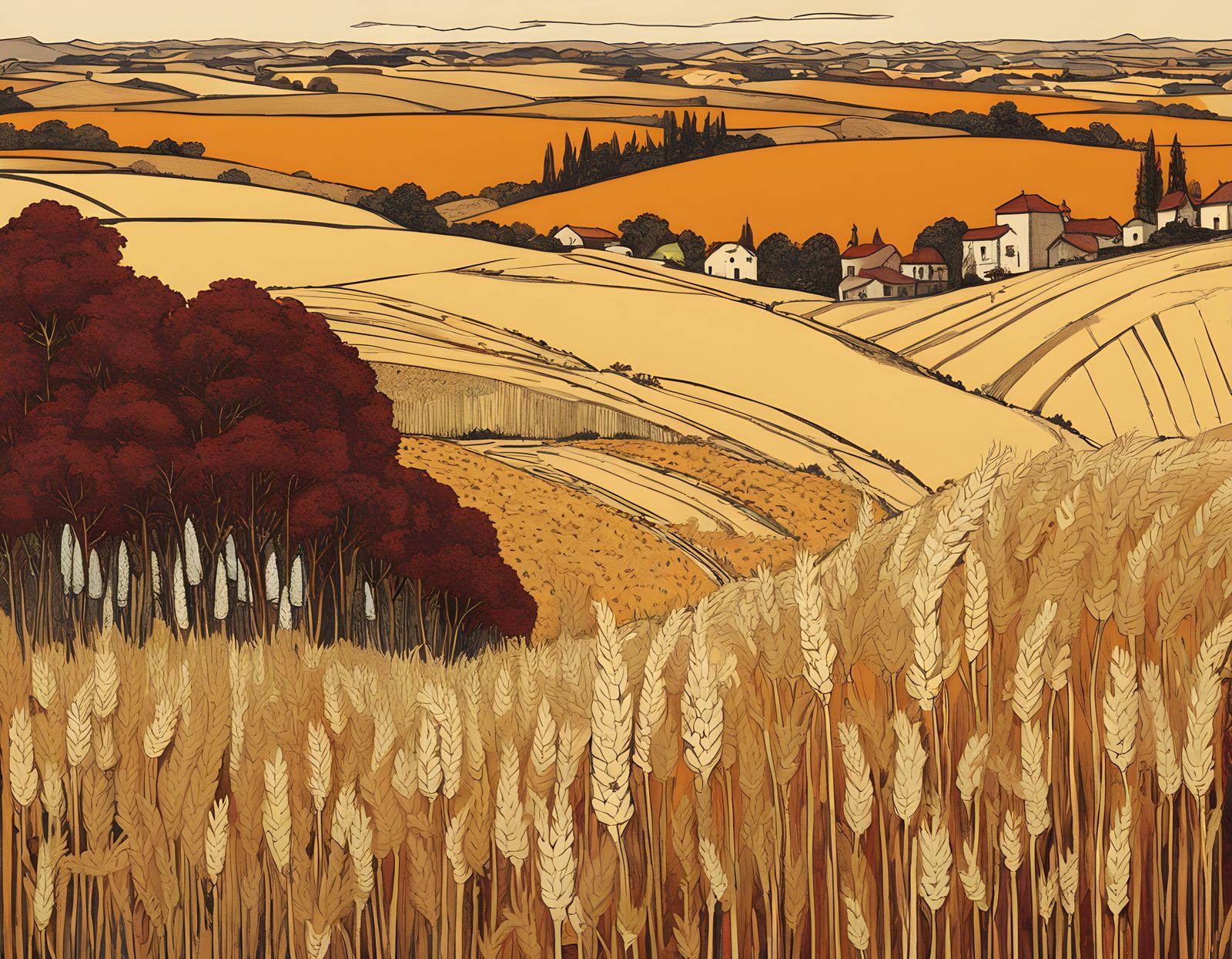 Golden Wheat Field in a Dreamlike Art Nouveau Style