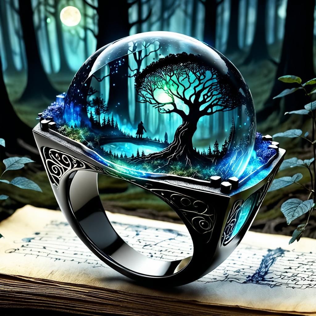 Elven Ring with Electromagnetism Glow on Parchment