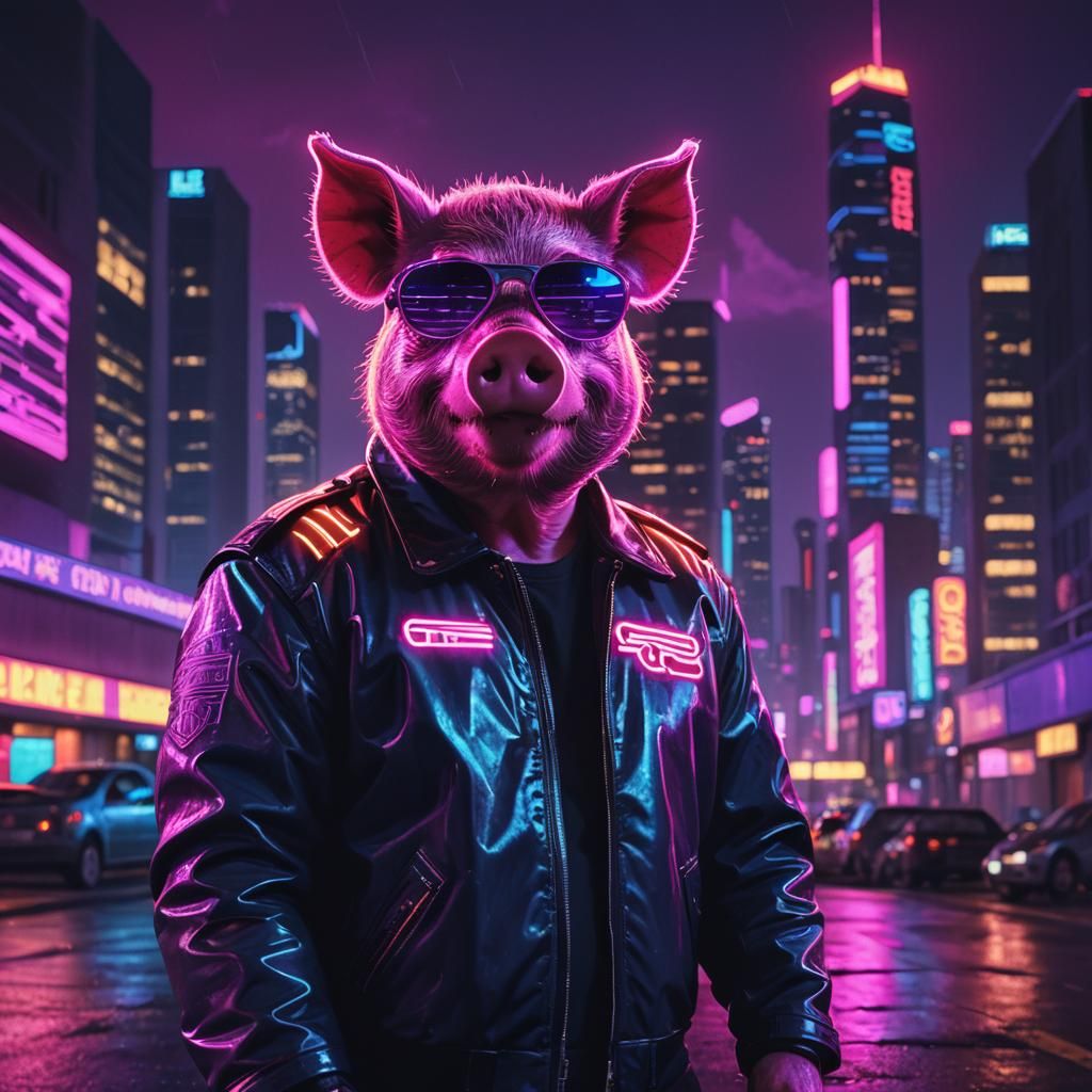 Neon Pig in Cyberpunk Cityscape