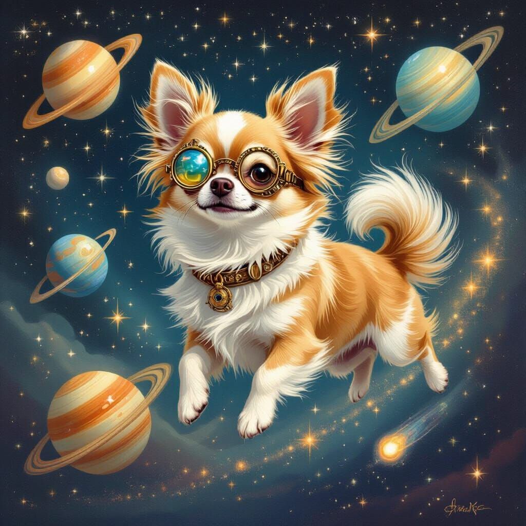 Celestial Chihuahua in Cosmic Ballet with Steampunk Monocle