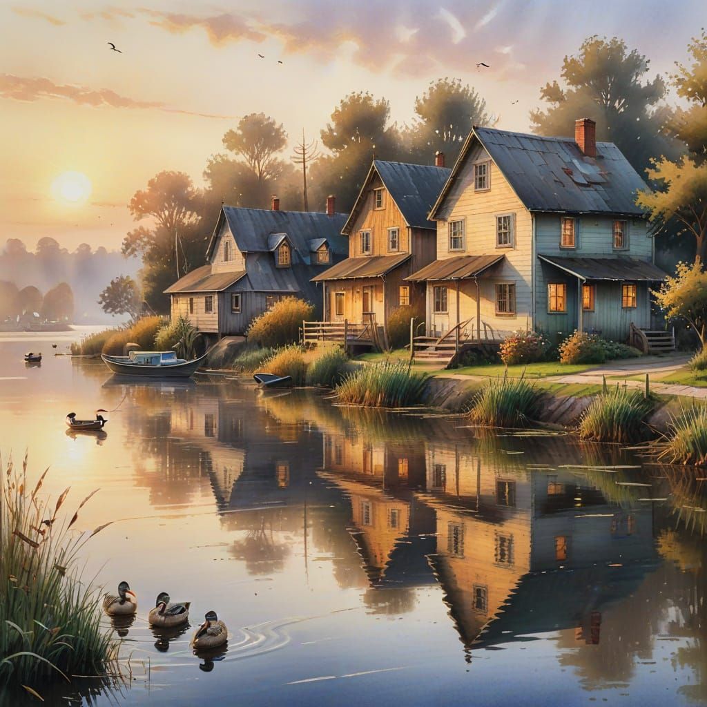 Watercolor Houses on Tranquil Waterfront at Golden Hour