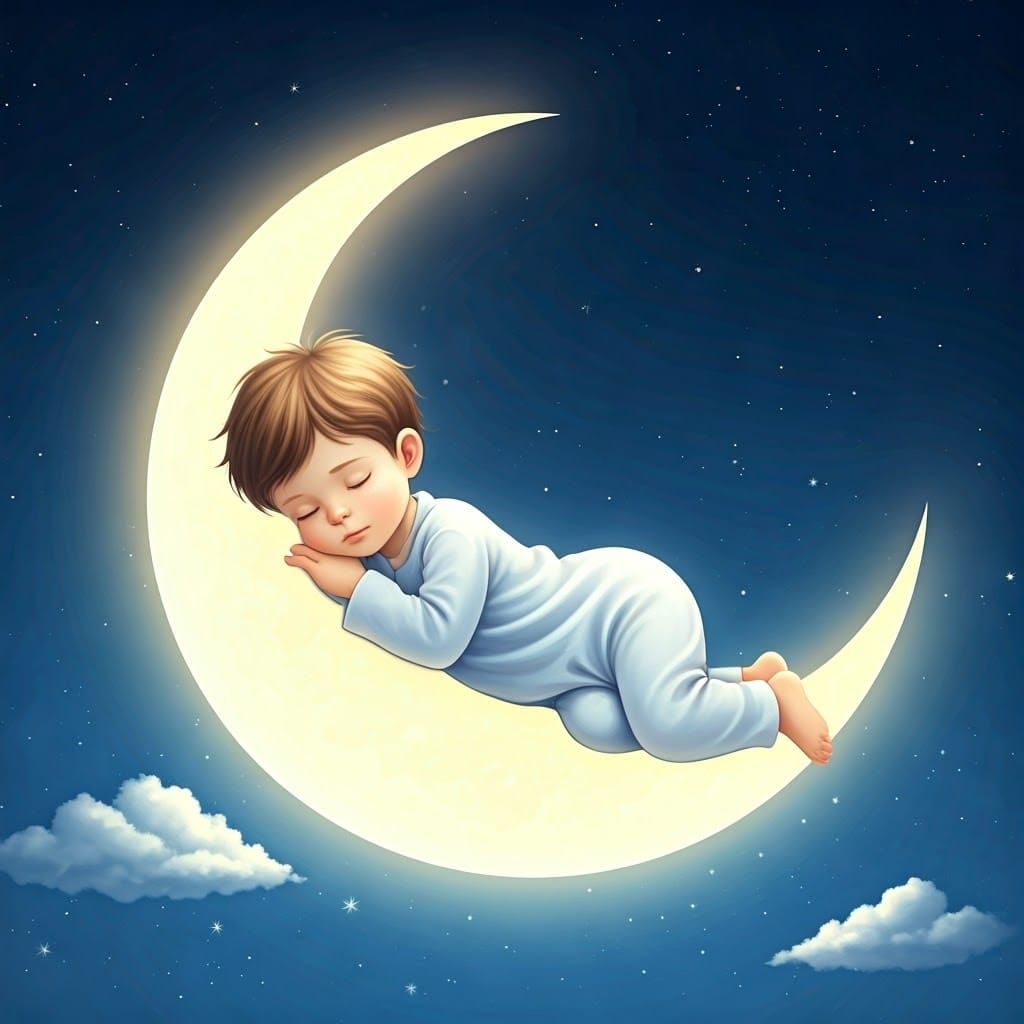 Boy Sleeping on Crescent Moon in Ethereal Style