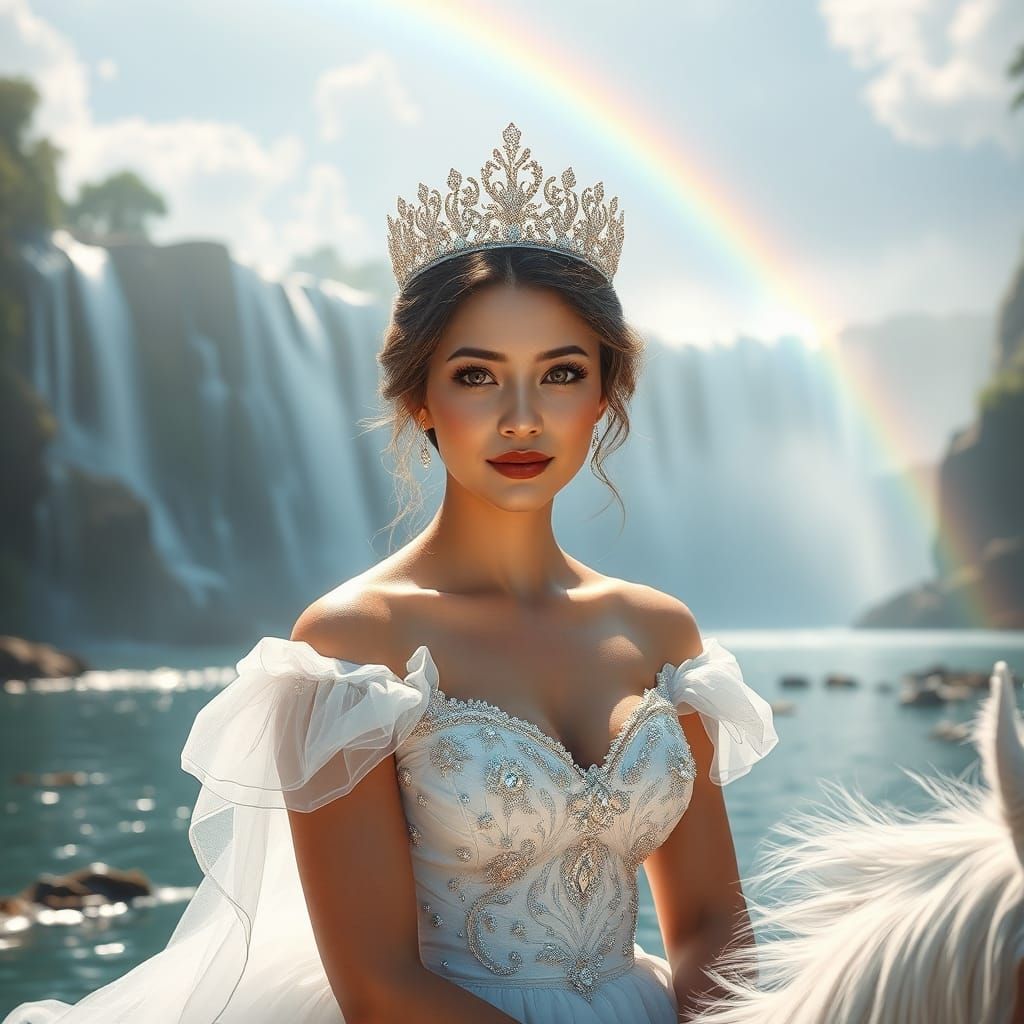 Diamond Crowned Woman on Horse by Waterfalls