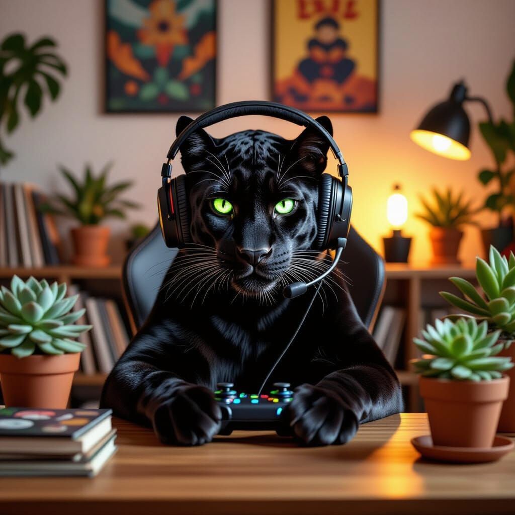 Neon-Eyed Panther Plays Video Games in Cozy Room