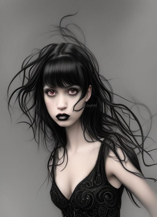 Goth Woman Dancing Tango in Ballroom, Digital Illustration