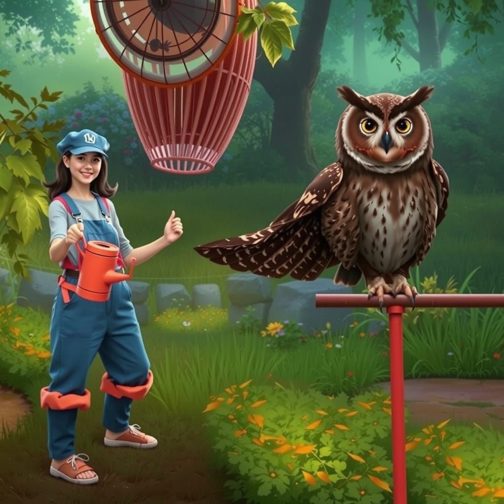 Woman Watering Owl Garden in Fantastical Matte Painting Styl...