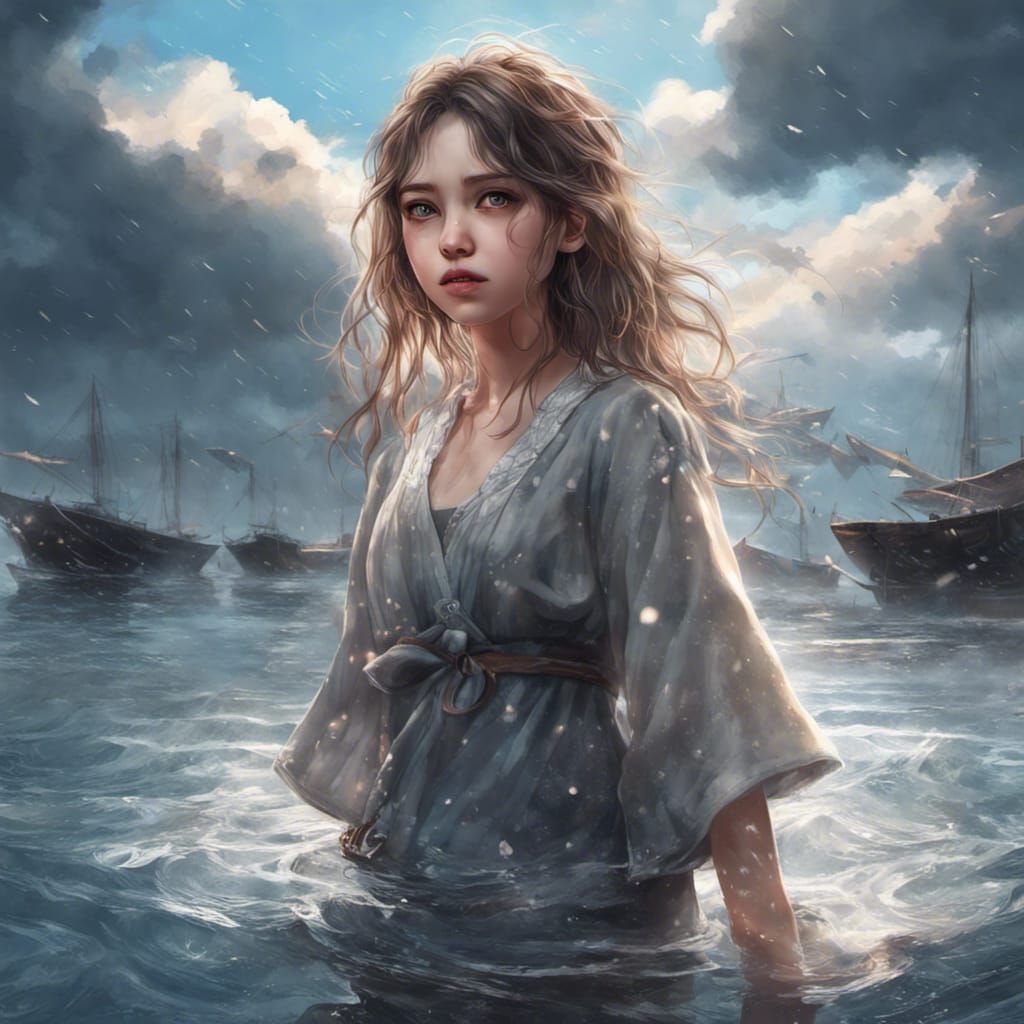 Surreal Girl in Detailed Waterscape, Digital Art