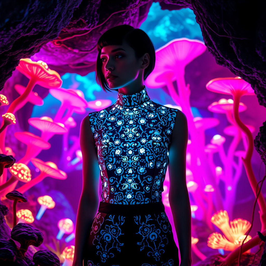 Bioluminescent Fungi Jumpsuit in Abstract Subterranean World