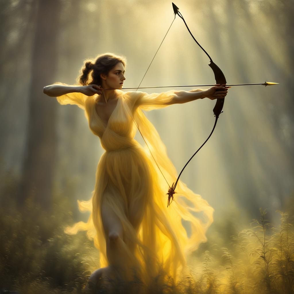 Ethereal Archer in Yellow Mist: Classic Art Style