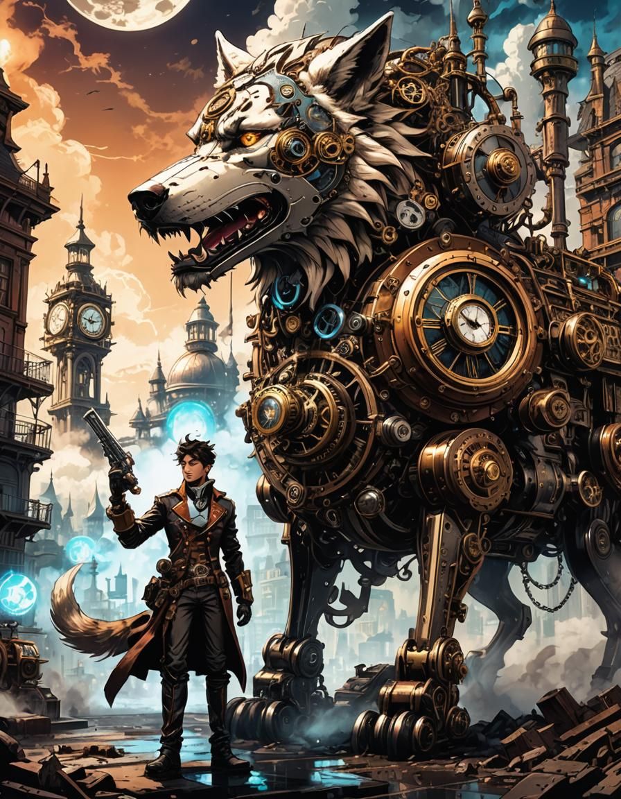 Steampunk Cyborg Adventurer in Victorian Cityscape