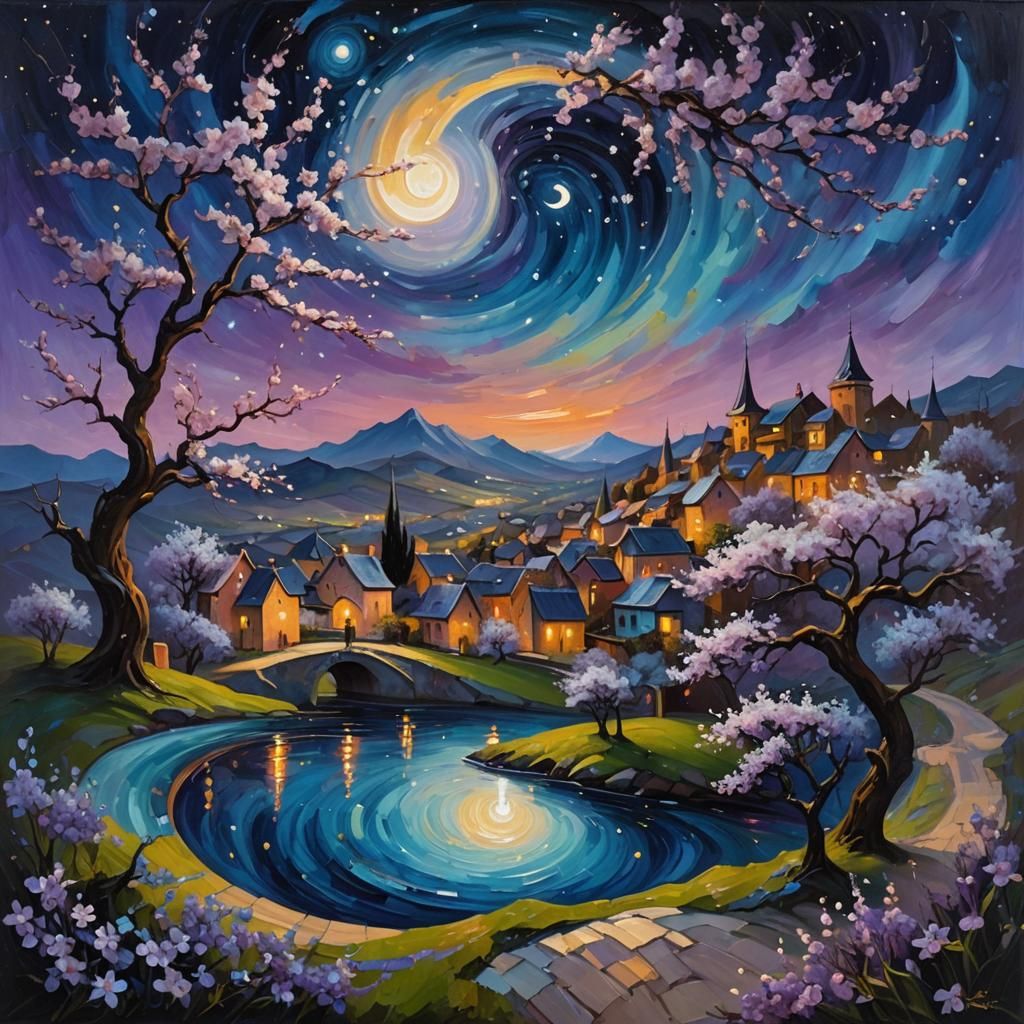 Surreal Nocturnal Landscape with Swirling Galaxy, Impasto Oi...