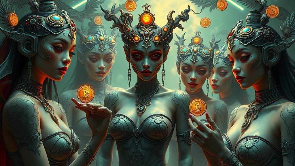 Cyberpunk Goddesses Gather Bitcoin in Futuristic Glory