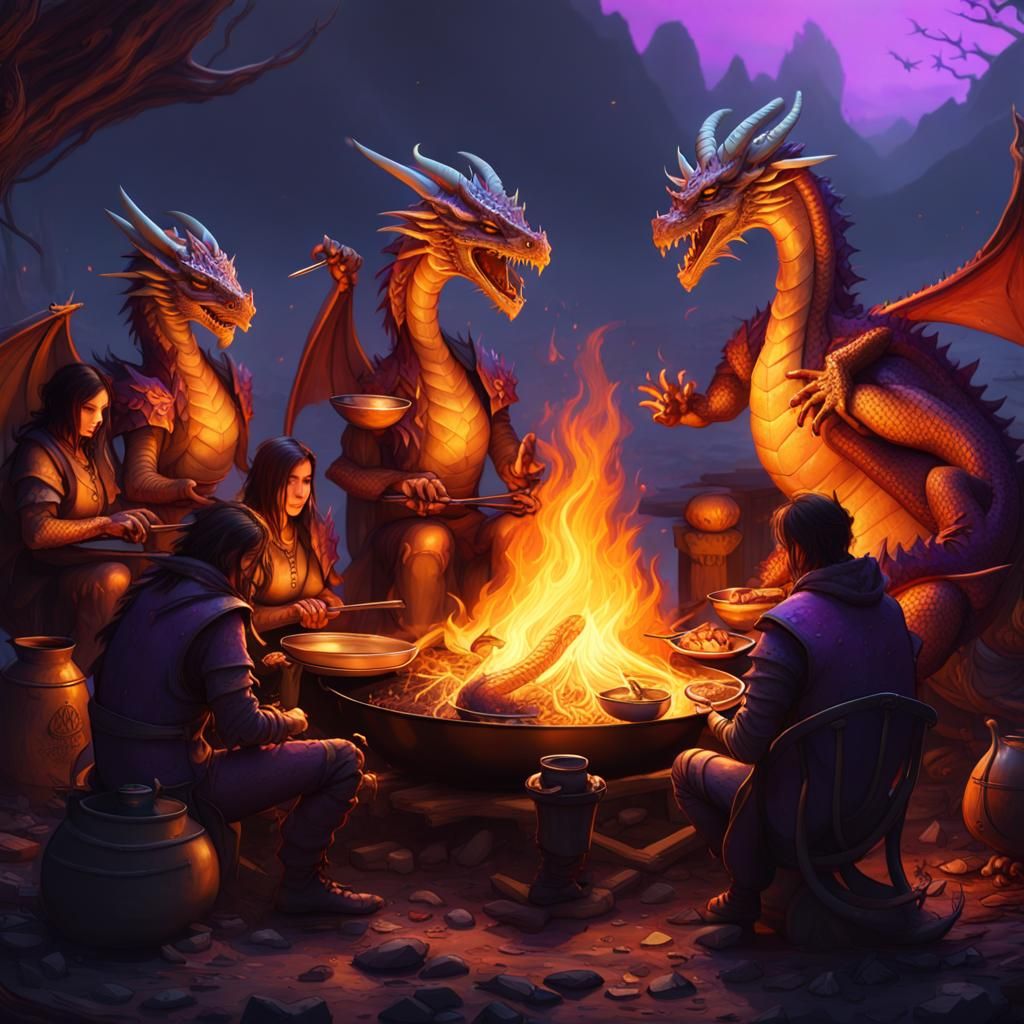 Dragons Cooking Noodles by Campfire, Dark Fantasy Art