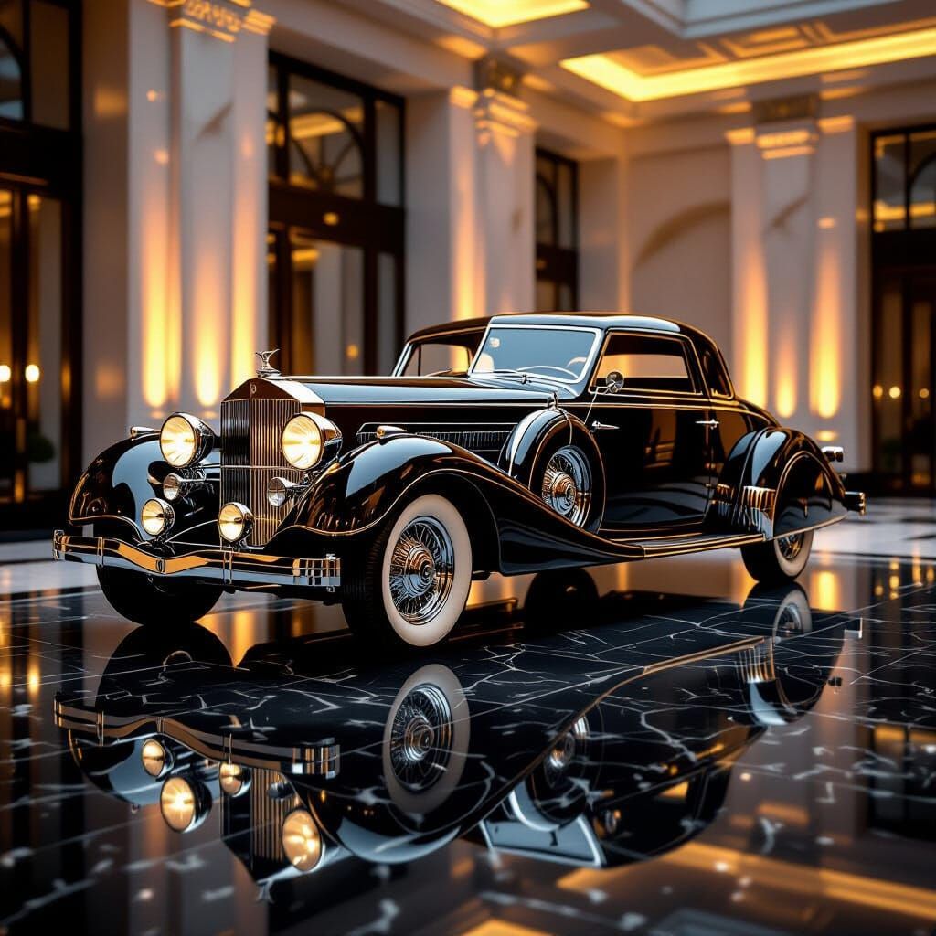 Art Deco Chrome Car on Marble Floor