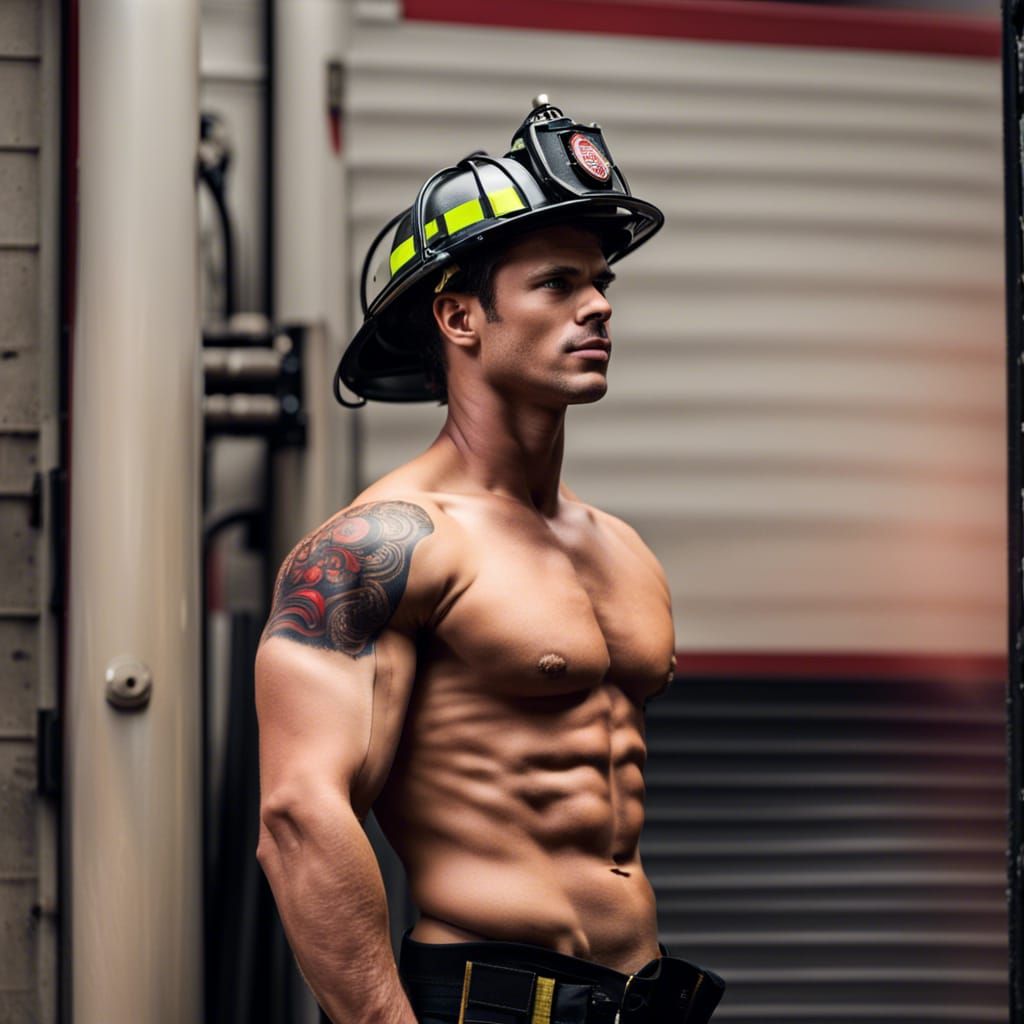 Attractive Firefighter in Front of Fire Station