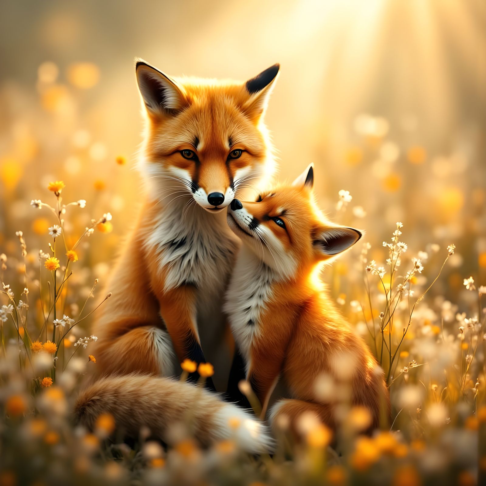 Mother Fox and Kit in Wildflower Field