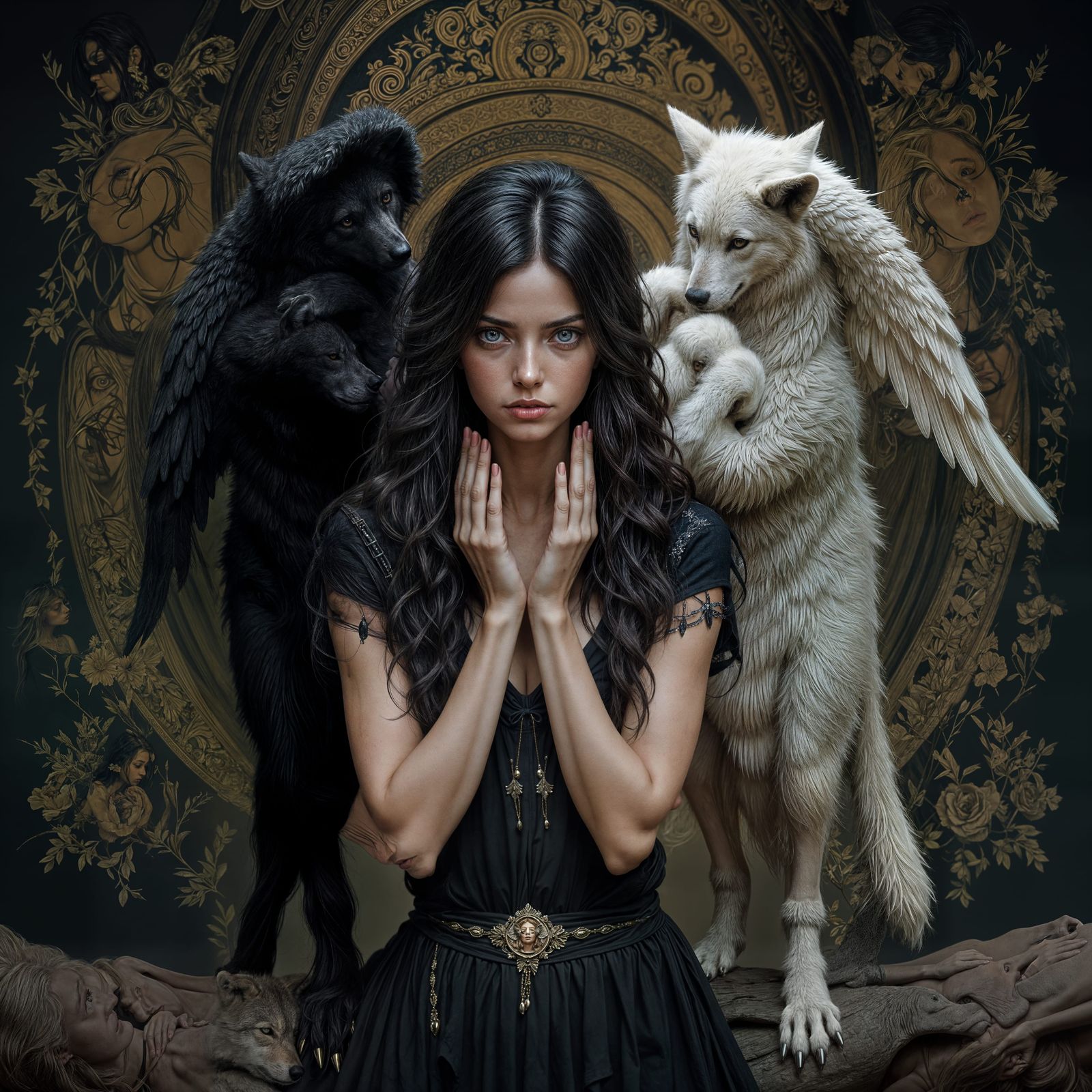 Conflicted Woman with Wolf and Angel Companions