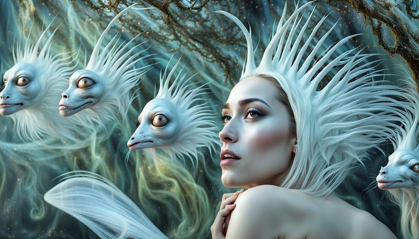 Happy Alien People Pets in Surreal Landscape