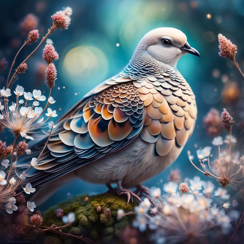 Turtle Dove Portrait with Fractal Diamond Feathers