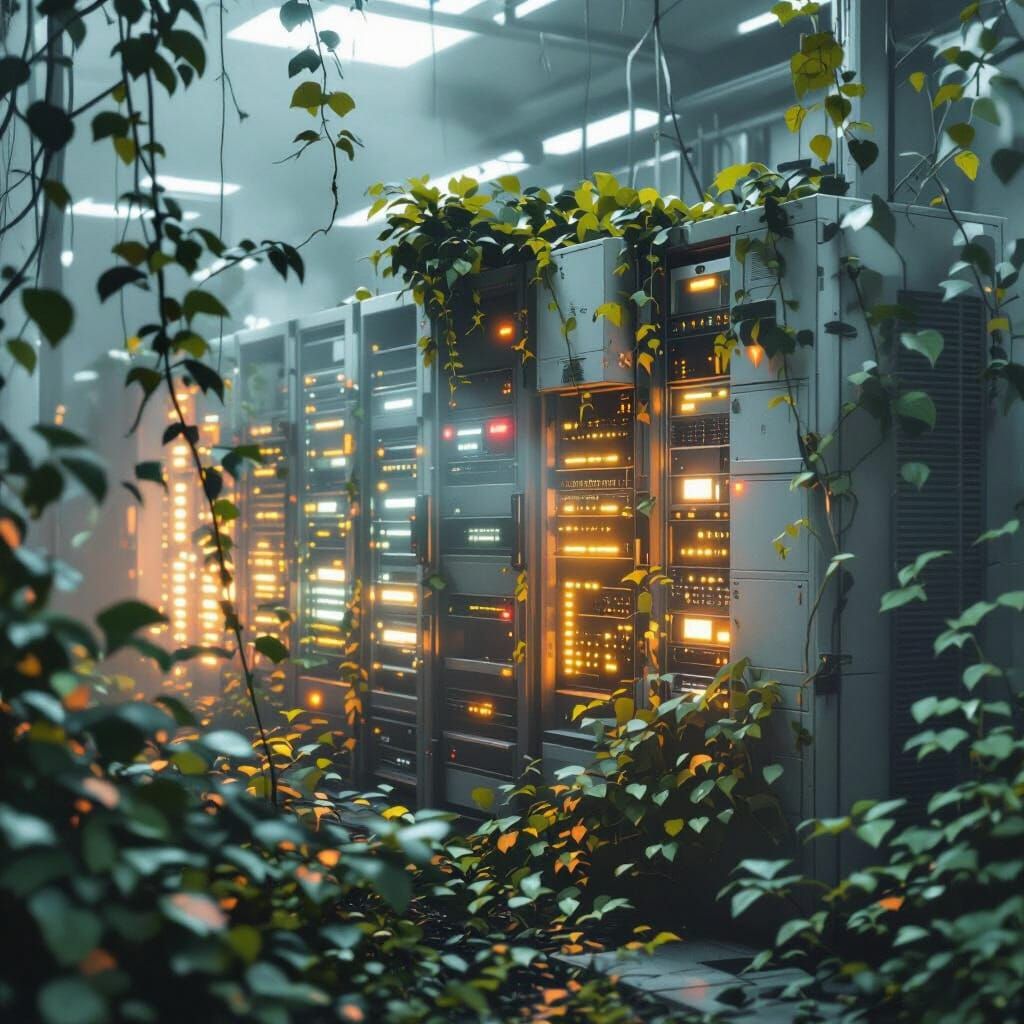Abandoned Server Room Reclaimed by Nature, Misty Atmosphere