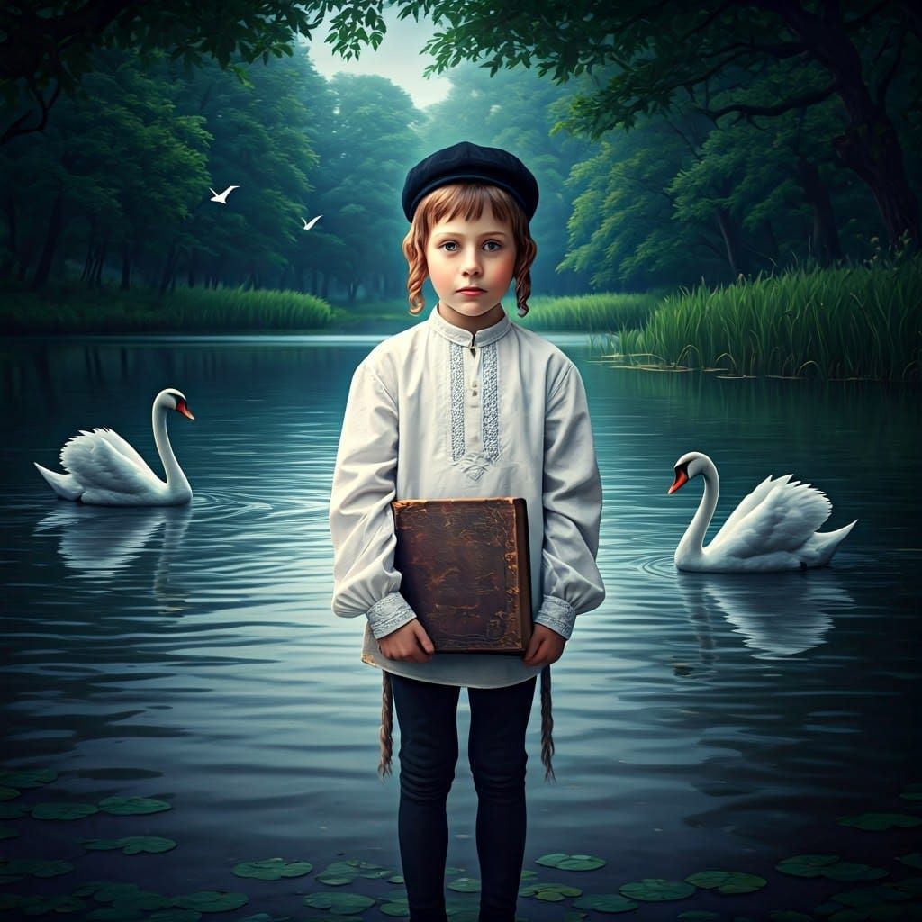 Lithuanian Boy with Book by Tranquil Lake