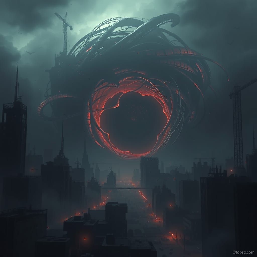 Toxic Black Hole Engulfs Cursed City in Biomechanical Style