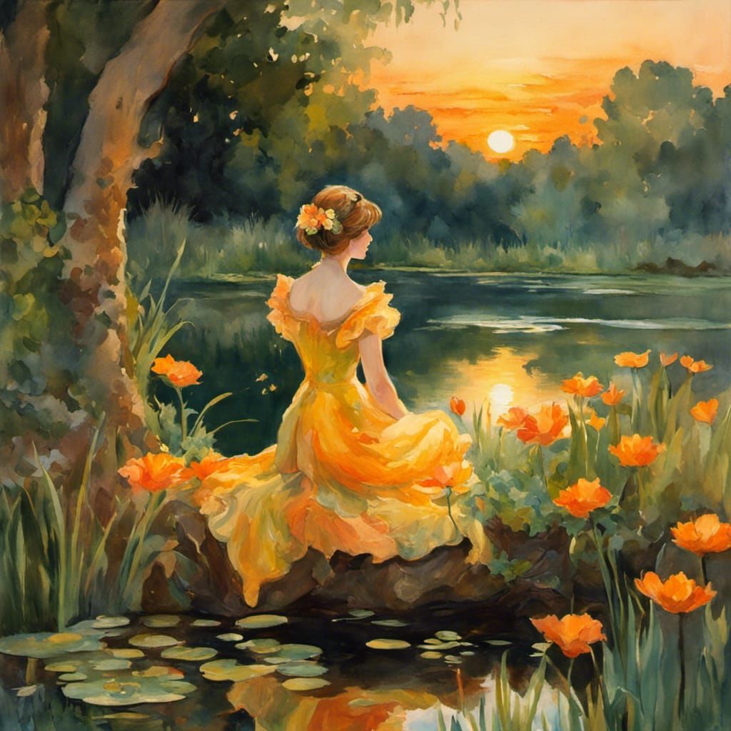 Fairy by Pond: Impressionist Gouache Painting