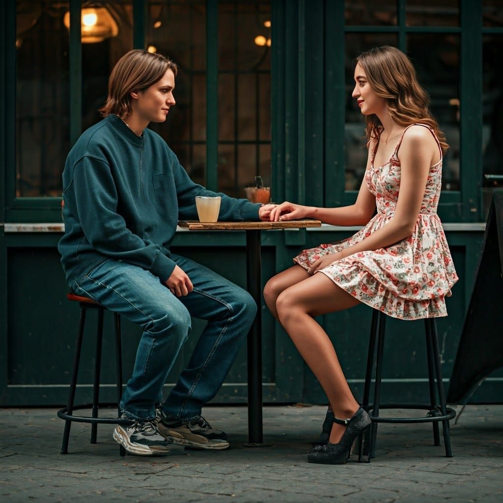 Outdoor Cafe Couple Scene in Cinematic Film Style