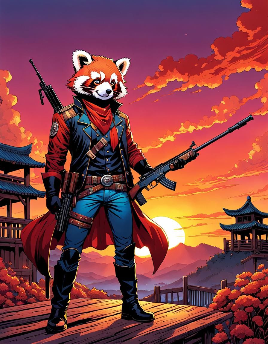 Red Panda Gunslinger in Maximalist Manhua Style