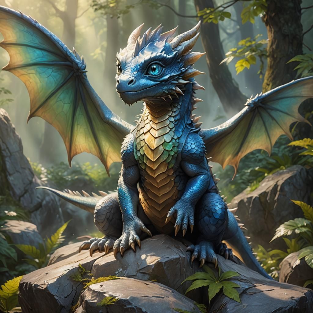 Blue-Gray Dragon on Rock: Fantasy Concept Art