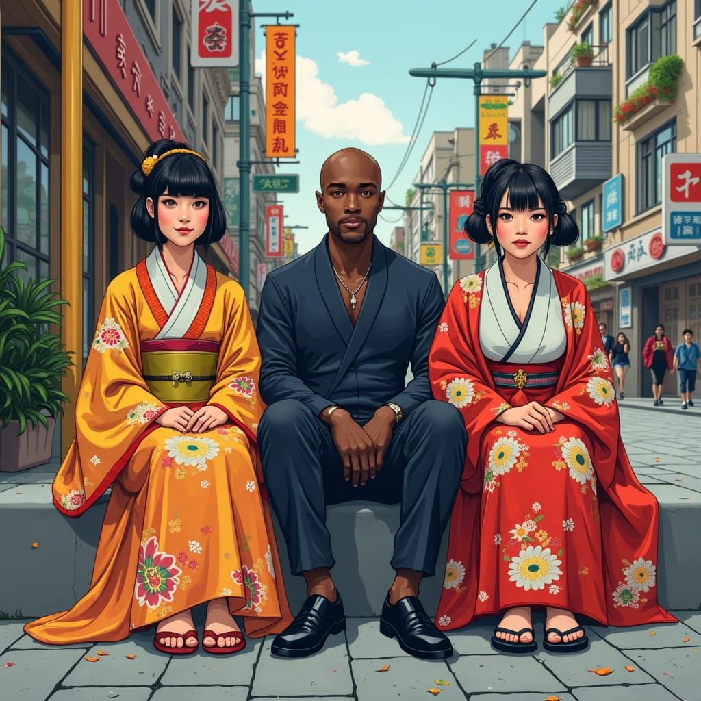 Asian Women in Cityscape, Pop Art Style