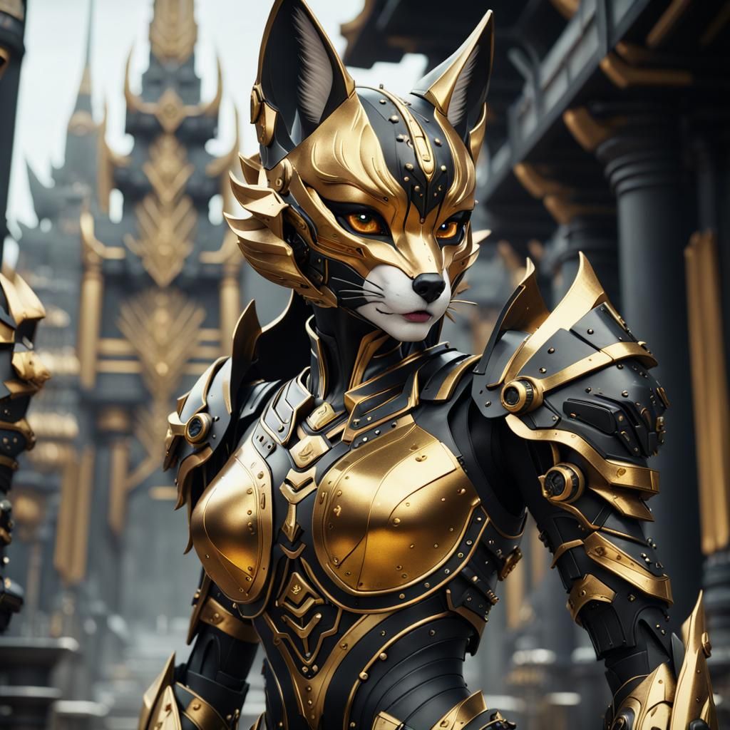 Kitsune in Black and Gold Futuristic Armor