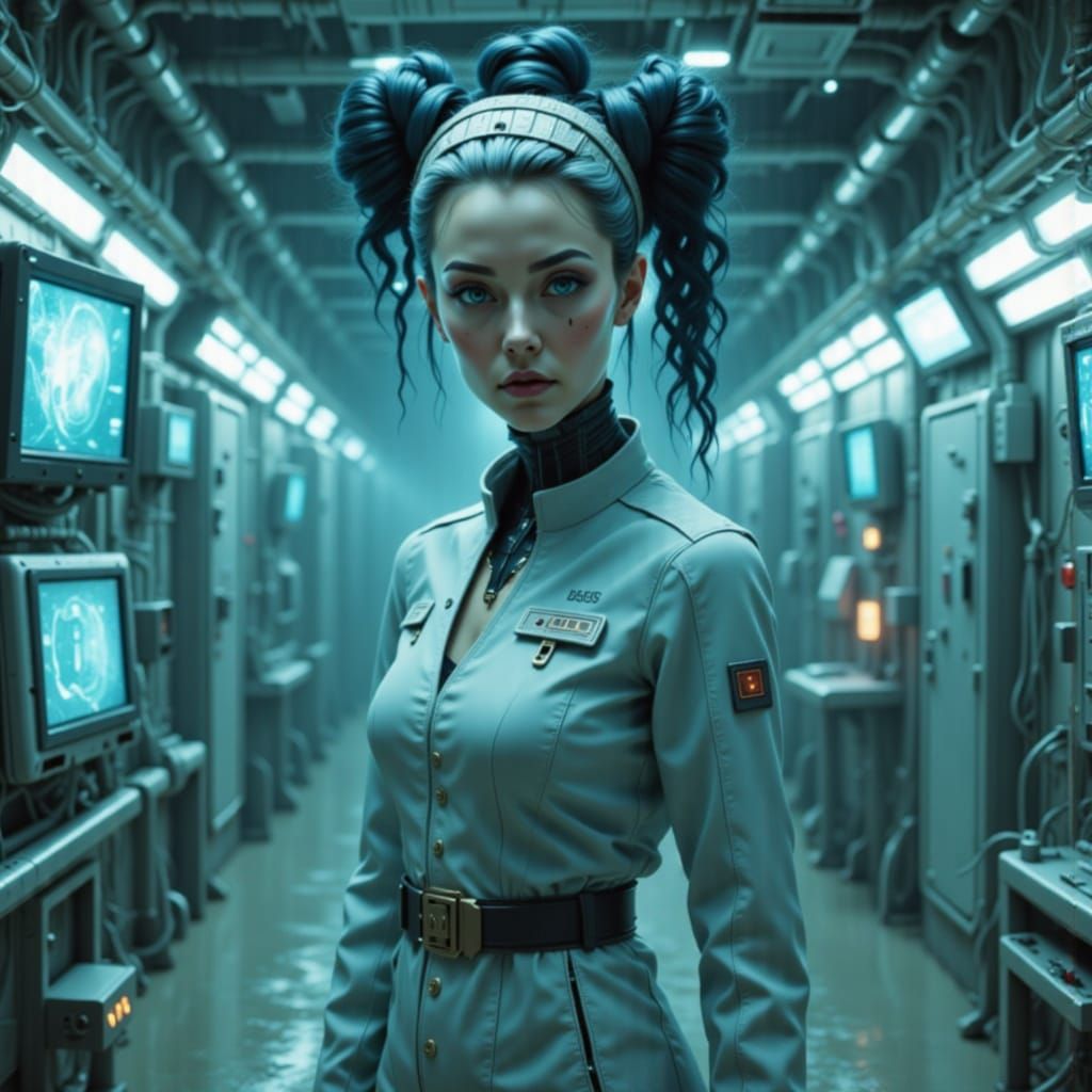 A female android nurse in a monitor hallway