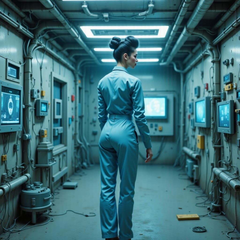 A female android nurse in a monitor hallway