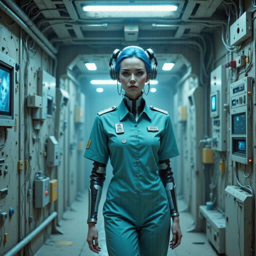 A female android nurse in a monitor hallway