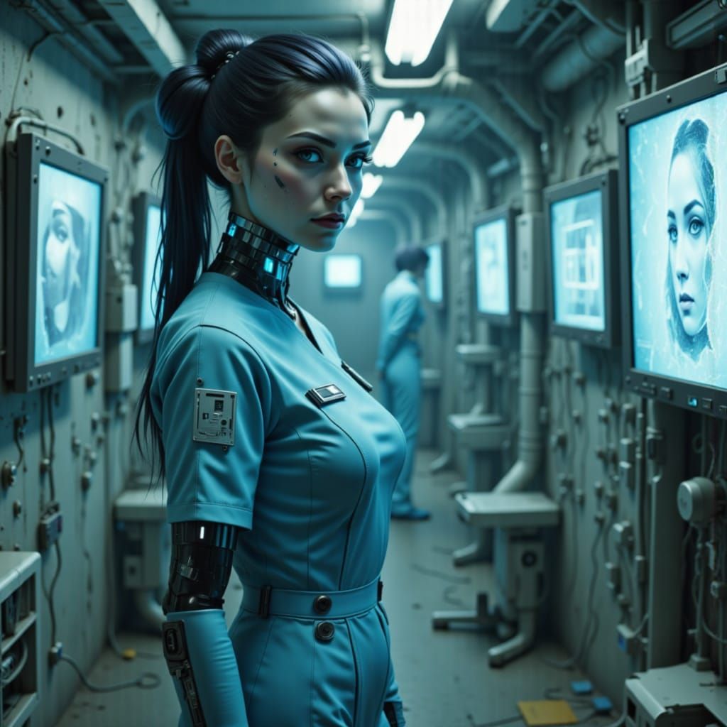 A female android nurse in a monitor hallway